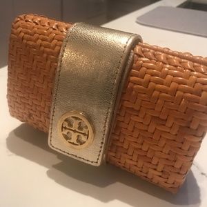 Tory Burch clutch crossbody gold strap rattan Authentic